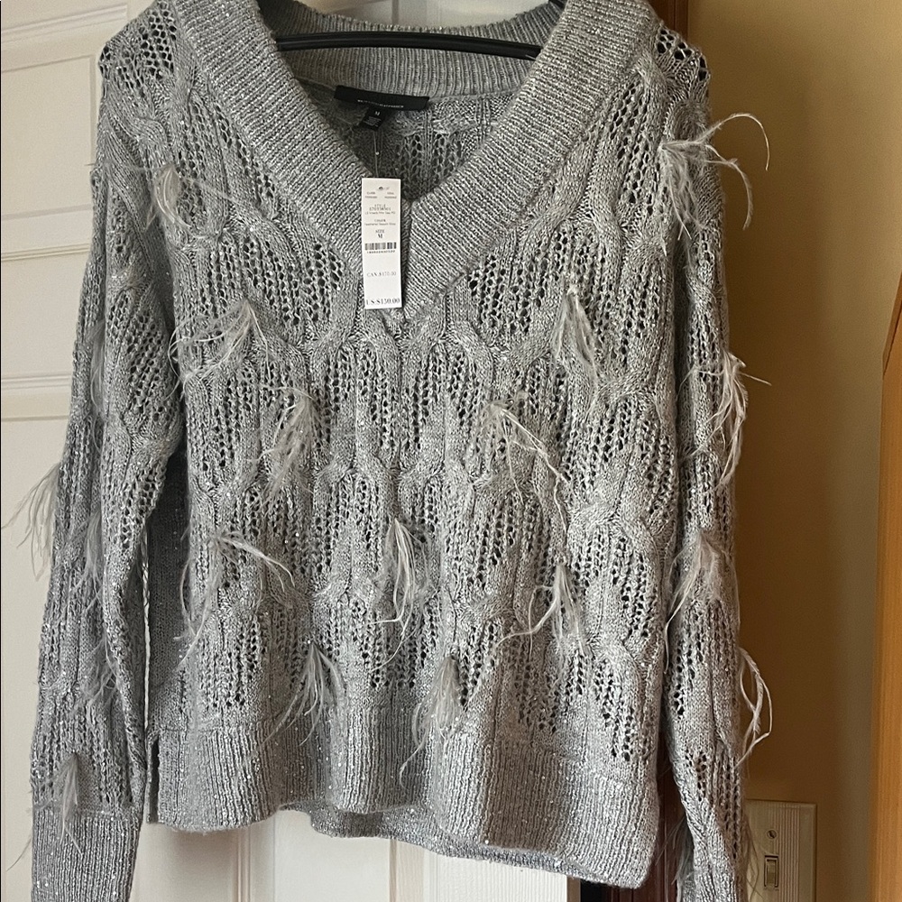 White House Black Market Silver Textured V-Neck Sweater